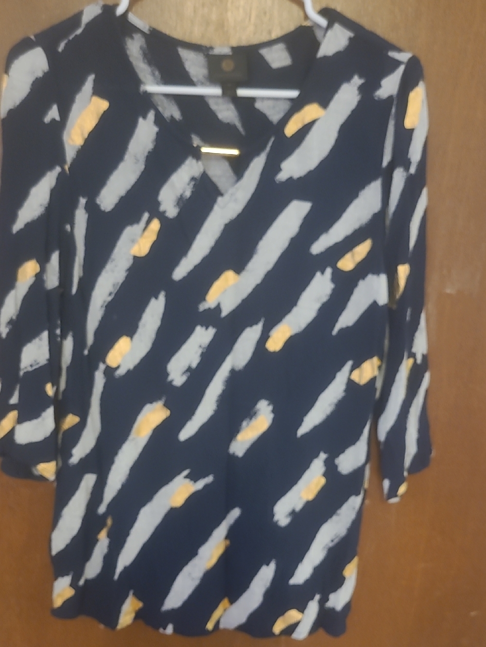 JM Collection Navy Brushstroke Print V-Neck Blouse with Gold Highlights